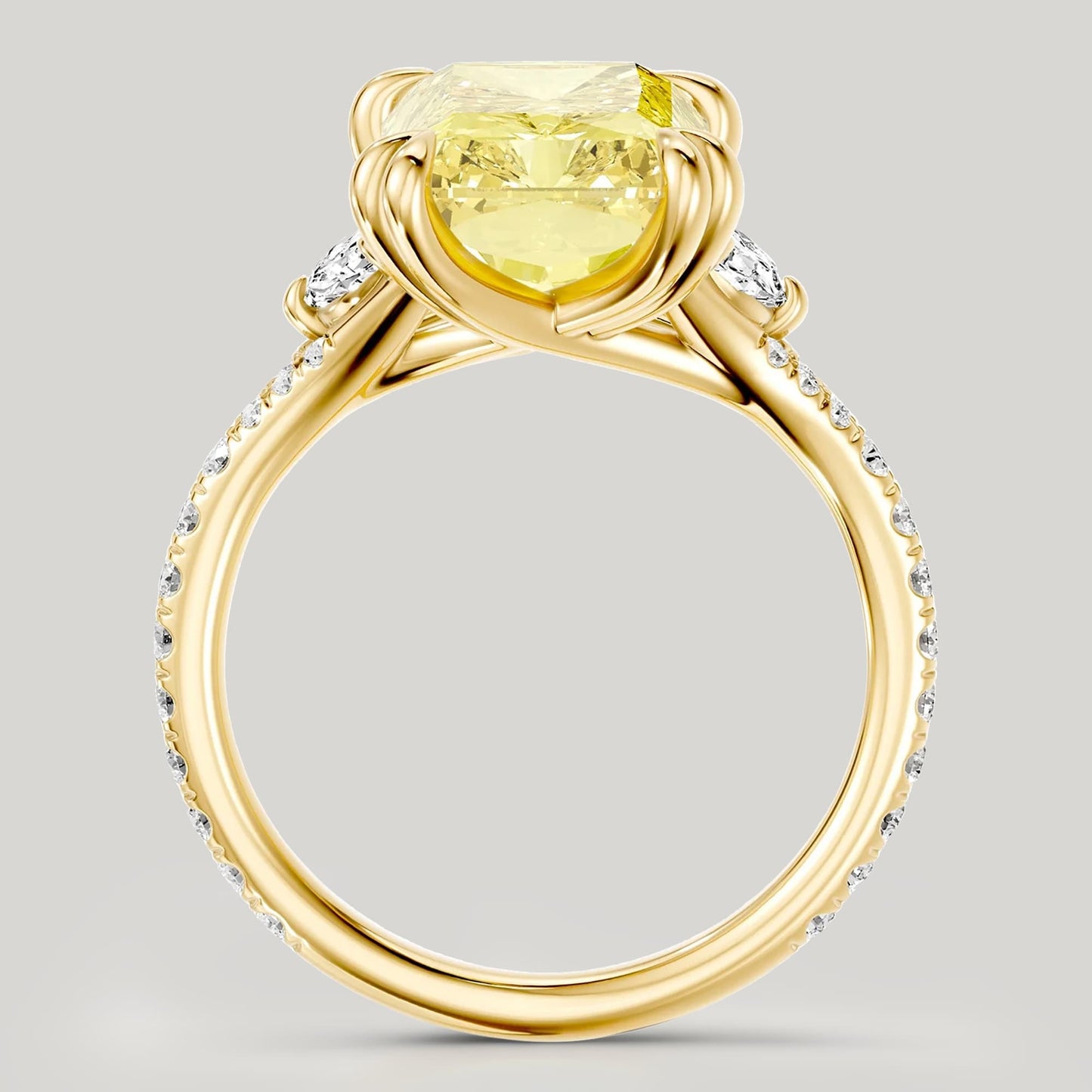3.0 Ct Radiant Cut Lab-Grown Fancy Vivid Yellow Diamond Engagement Ring With Half Moon Side Stones In Solid 14K Yellow Gold (Includes IGI Certification From International Gemological Institute)