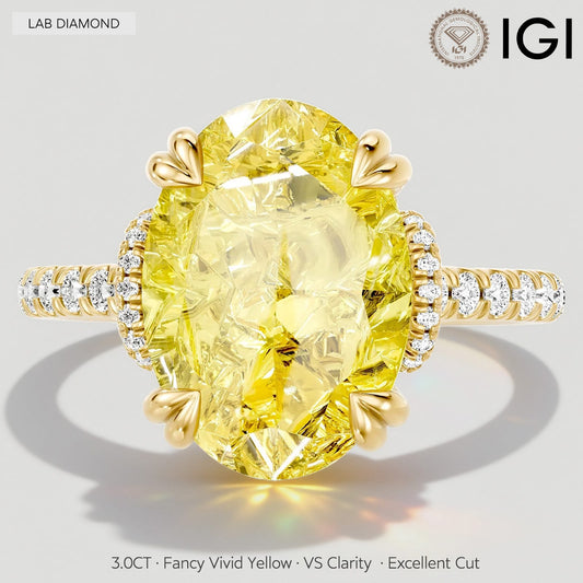 gona- 3.0 Ct Oval Cut Lab-Grown Fancy Vivid Yellow Diamond Engagement Ring With Pavé Band In Tarnish-Resistant Silver (Includes IGI Certification From International Gemological Institute)