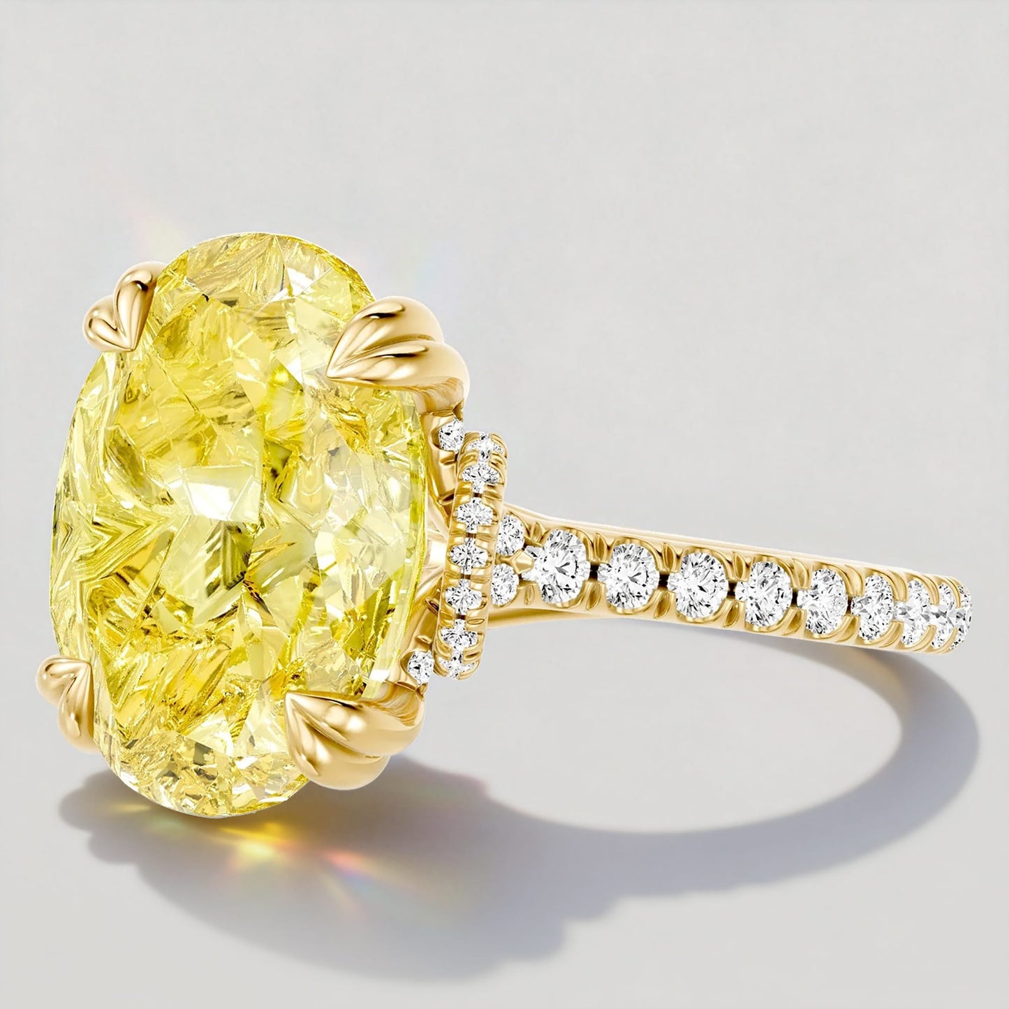 3.0 Ct Oval Cut Lab-Grown Fancy Vivid Yellow Diamond Engagement Ring With Pavé Band In Tarnish-Resistant Silver (Includes IGI Certification From International Gemological Institute)