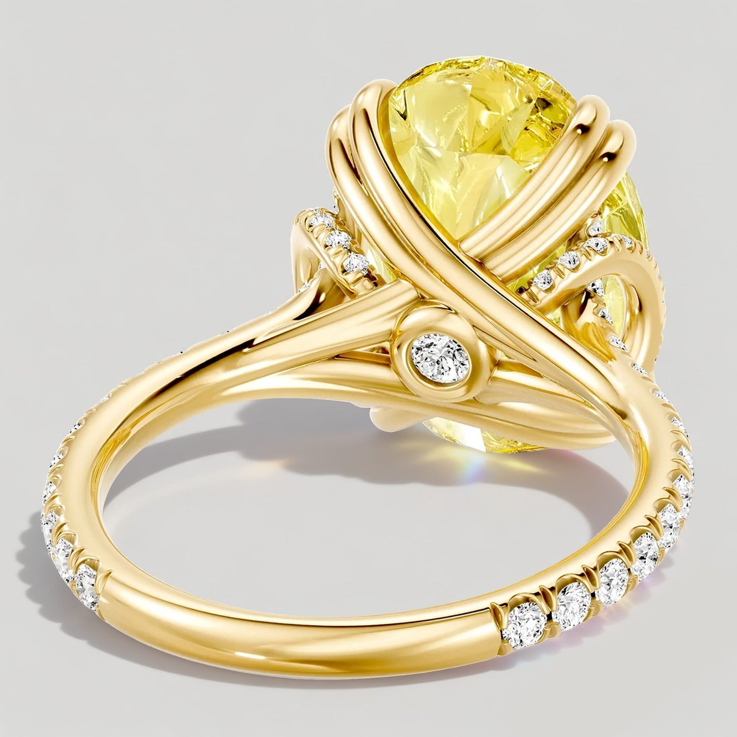 3.0 Ct Oval Cut Lab-Grown Fancy Vivid Yellow Diamond Engagement Ring With Pavé Band In Tarnish-Resistant Silver (Includes IGI Certification From International Gemological Institute)
