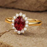 Lab-Grown Oval Brilliant Cut Ruby - Halo Classic Engagement Ring 14K Yellow Gold Plated