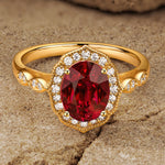 Lab-Grown Oval Brilliant Cut Ruby - Halo Classic Engagement Ring 14K Yellow Gold Plated