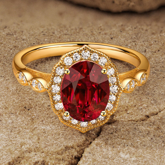 gon- Lab-Grown Oval Brilliant Cut Ruby - Halo Classic Engagement Ring 14K Yellow Gold Plated