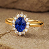 Lab-Grown Oval Brilliant Cut Blue Sapphire - Halo Classic Engagement Ring 14K Yellow Gold Plated