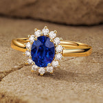 Lab-Grown Oval Brilliant Cut Blue Sapphire - Halo Classic Engagement Ring 14K Yellow Gold Plated