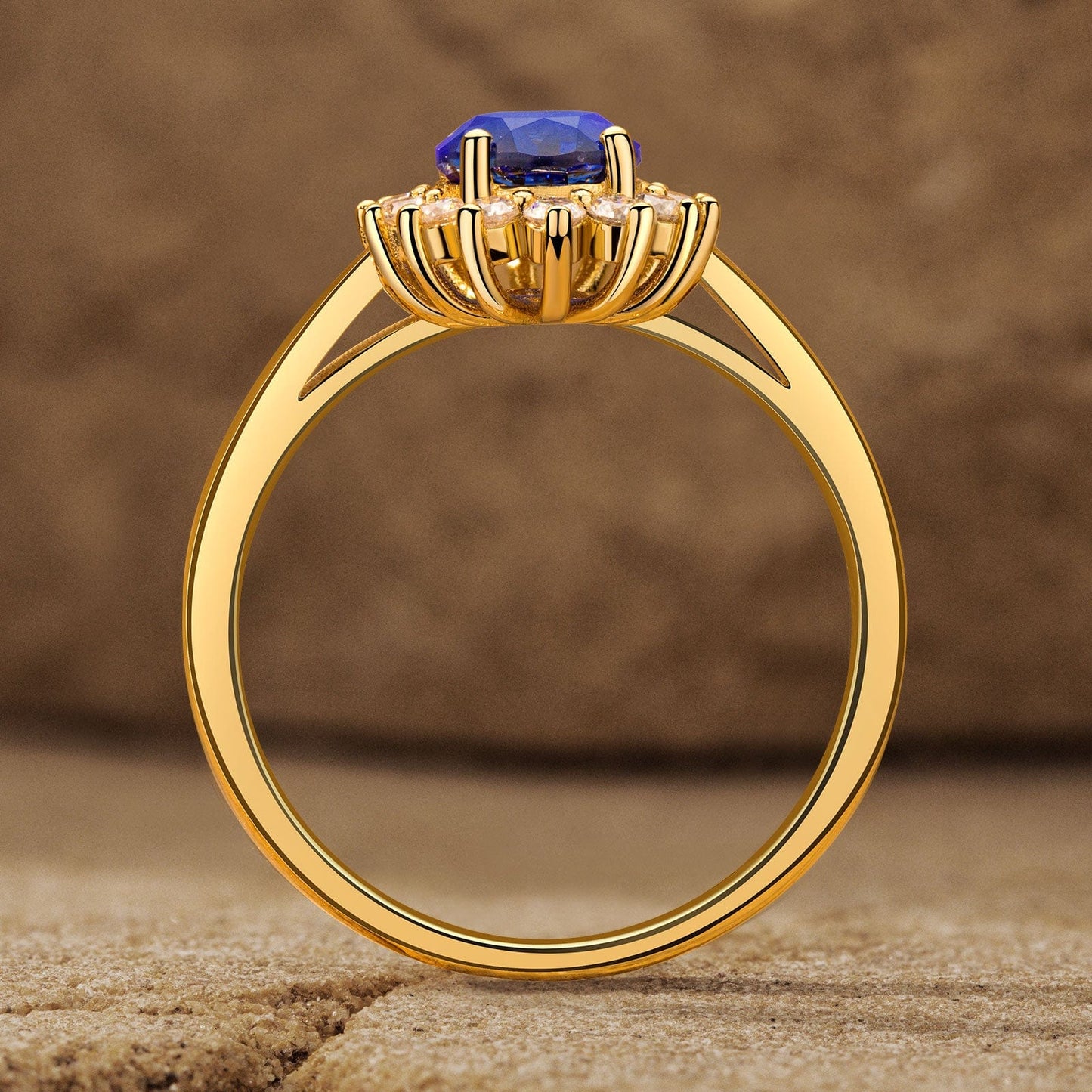 Lab-Grown Oval Brilliant Cut Blue Sapphire - Halo Classic Engagement Ring 14K Yellow Gold Plated