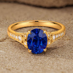 Lab-Grown Oval Brilliant Cut Blue Sapphire - Pave Classic Engagement Ring 14K Yellow Gold Plated