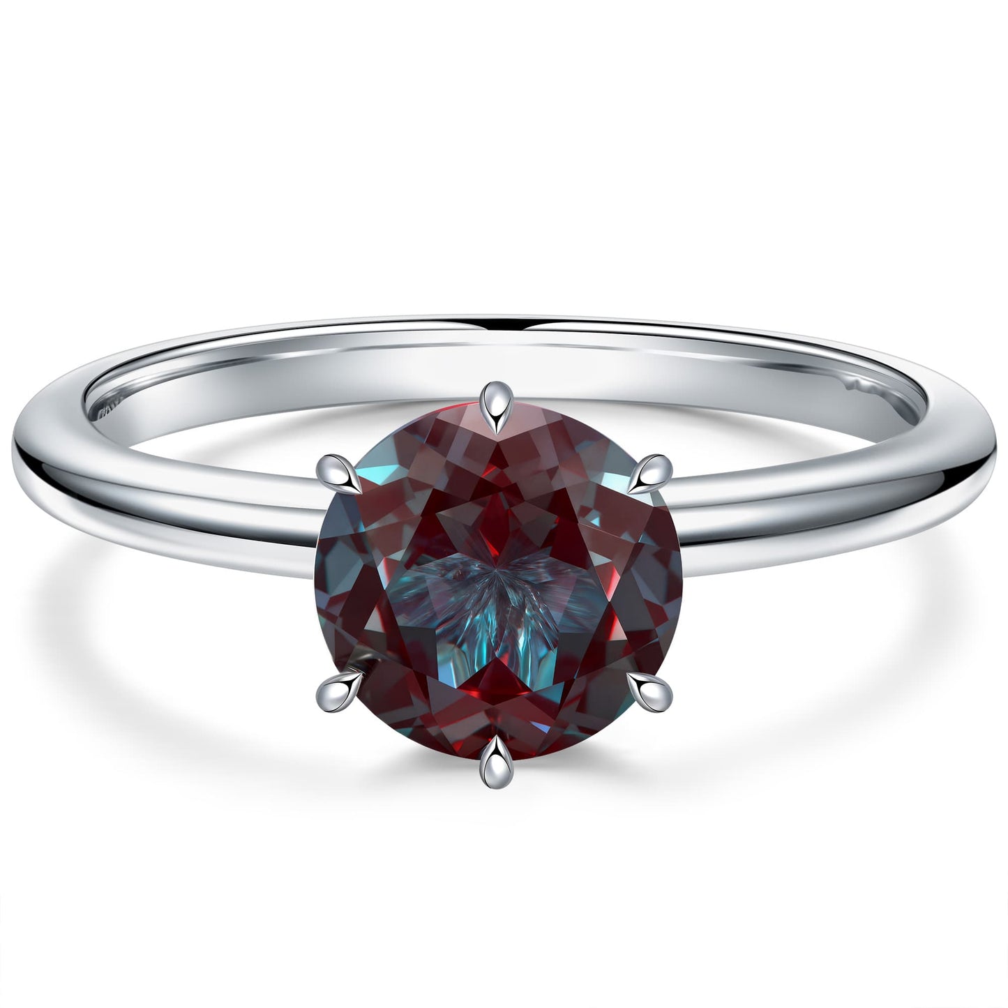 Sterling Silver 2ct Round Color Change Alexandrite Solitaire Ring With Six Prong Setting In White Gold Plated (Includes GRC Certification from Gemstone Research Center)