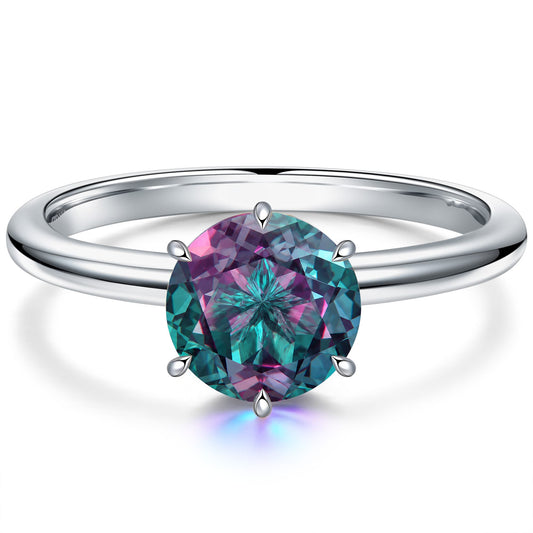 gona- Sterling Silver 2ct Round Color Change Alexandrite Solitaire Ring With Six Prong Setting In White Gold Plated (Includes GRC Certification from Gemstone Research Center)