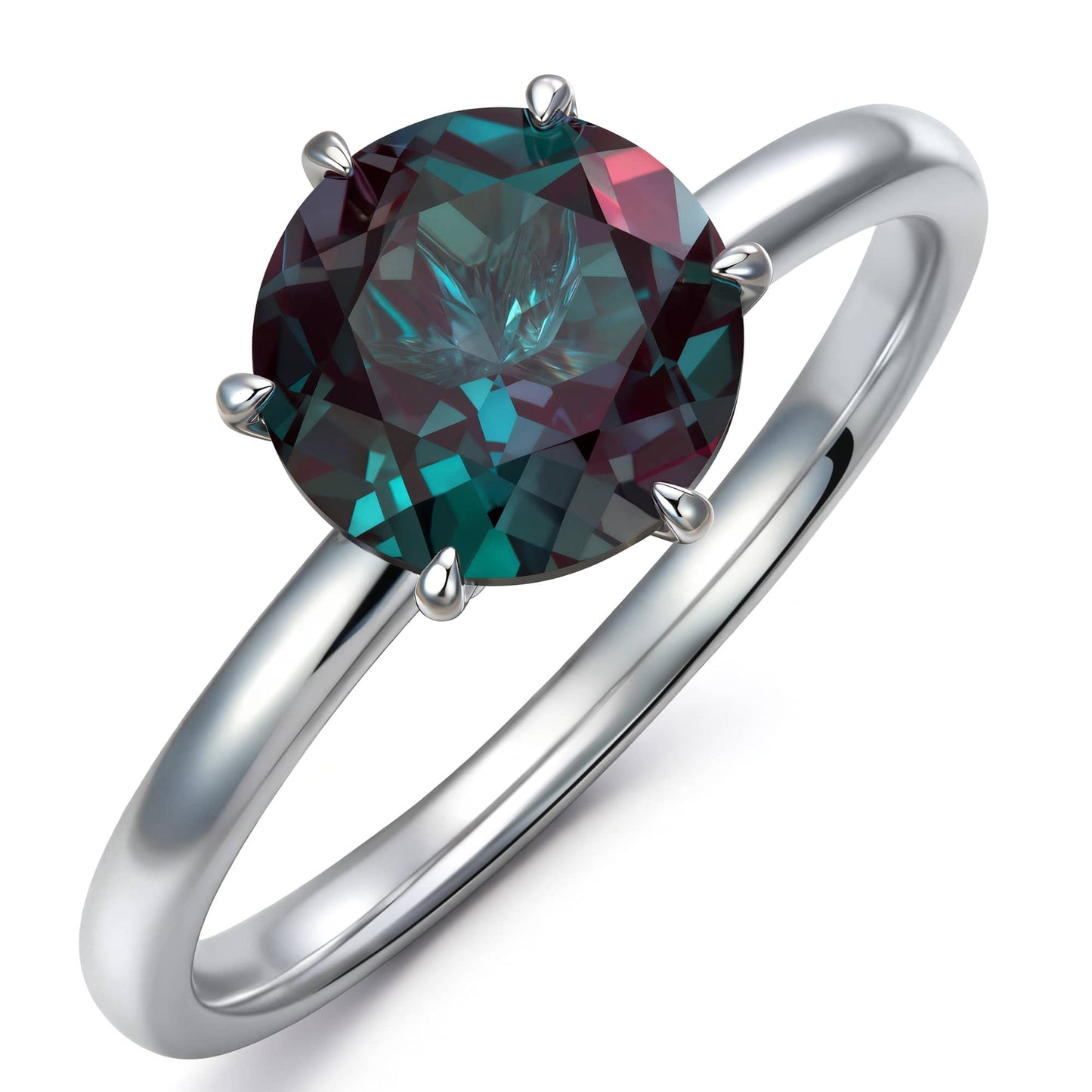 Sterling Silver 2ct Round Color Change Alexandrite Solitaire Ring With Six Prong Setting In White Gold Plated (Includes GRC Certification from Gemstone Research Center)