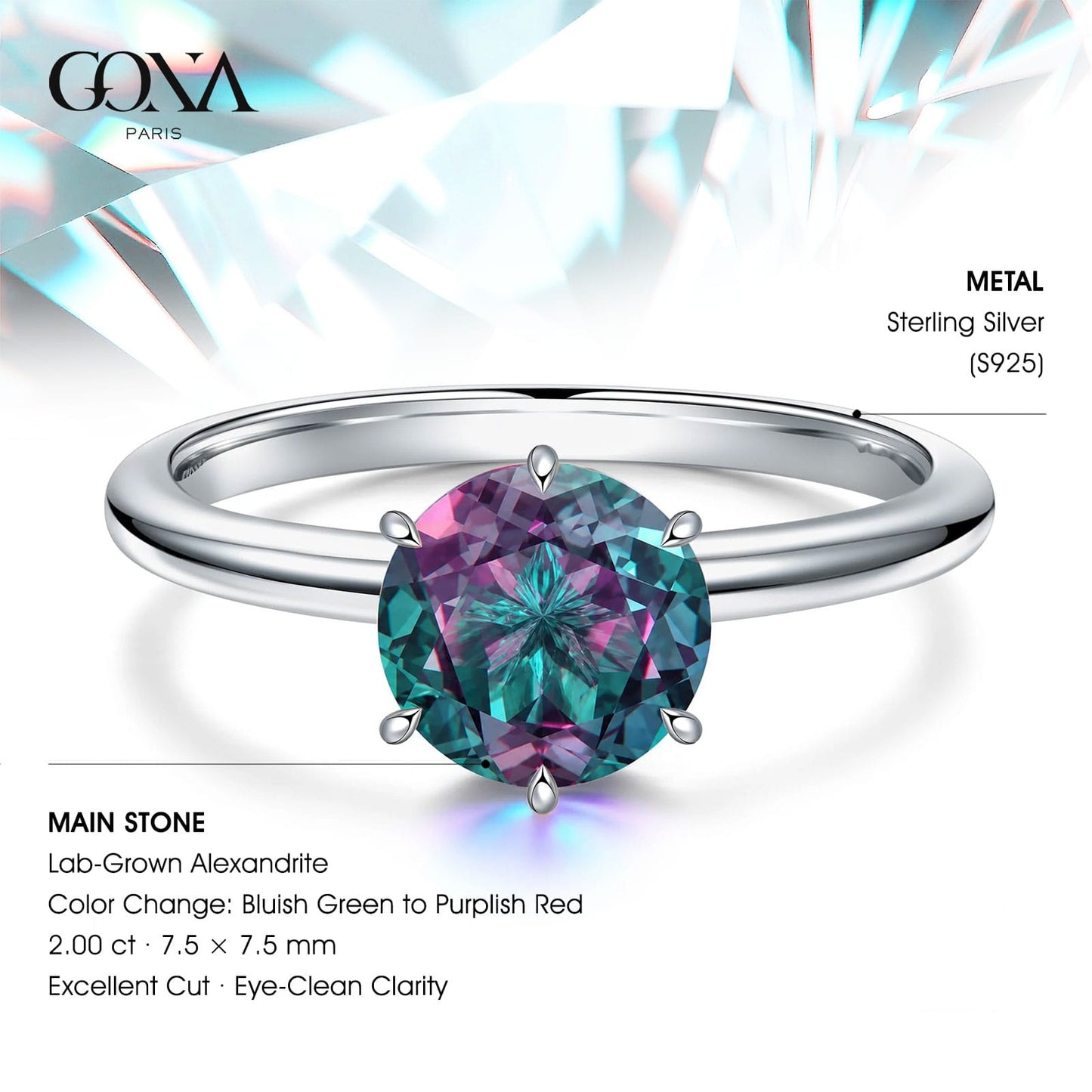 Sterling Silver 2.00 CT Round Lab-Created Color-Change Alexandrite Solitaire Ring in White Gold Plated, Six-Prong Setting (Includes GRC Certification from Gemstone Research Center)