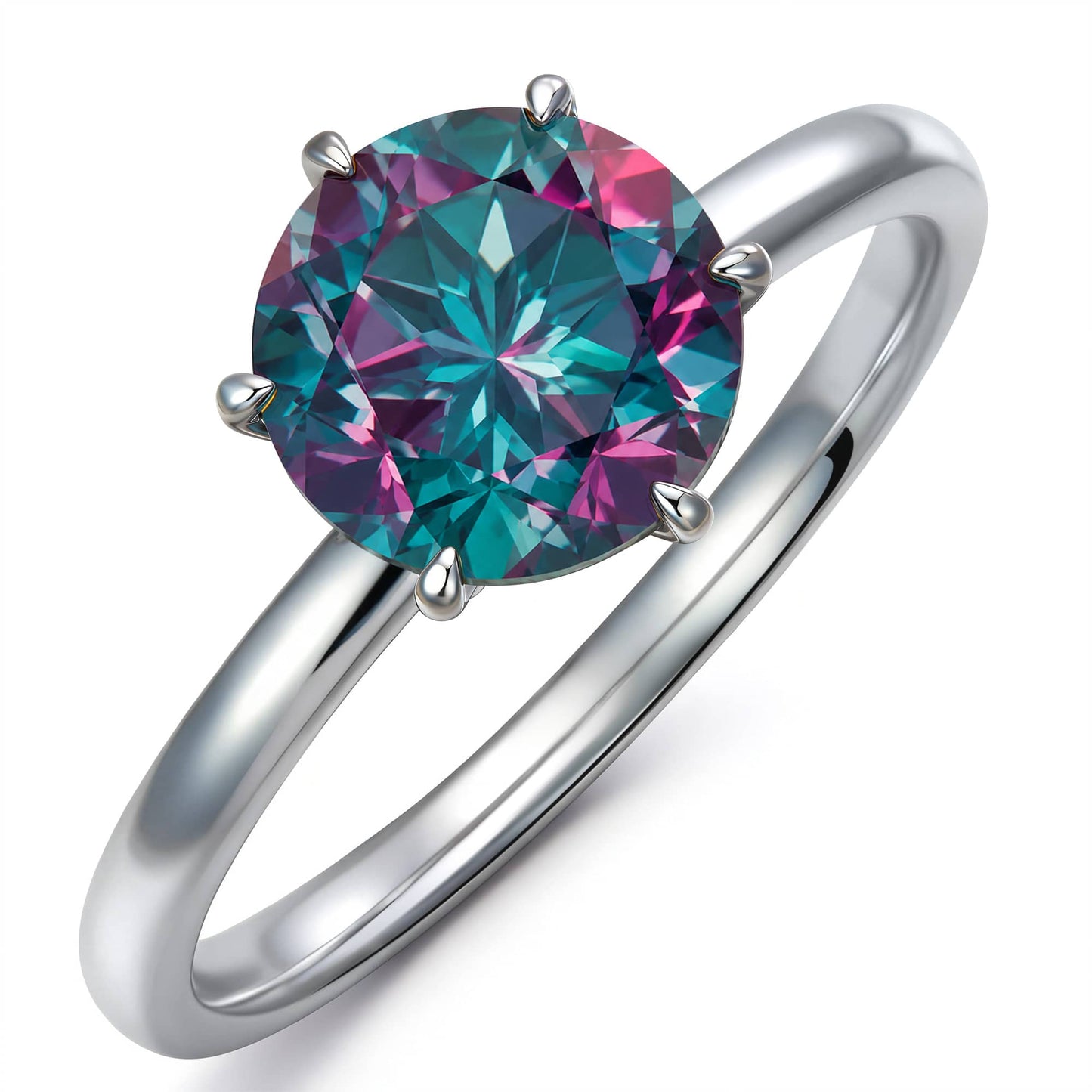 Sterling Silver 2.00 CT Round Lab-Created Color-Change Alexandrite Solitaire Ring in White Gold Plated, Six-Prong Setting (Includes GRC Certification from Gemstone Research Center)