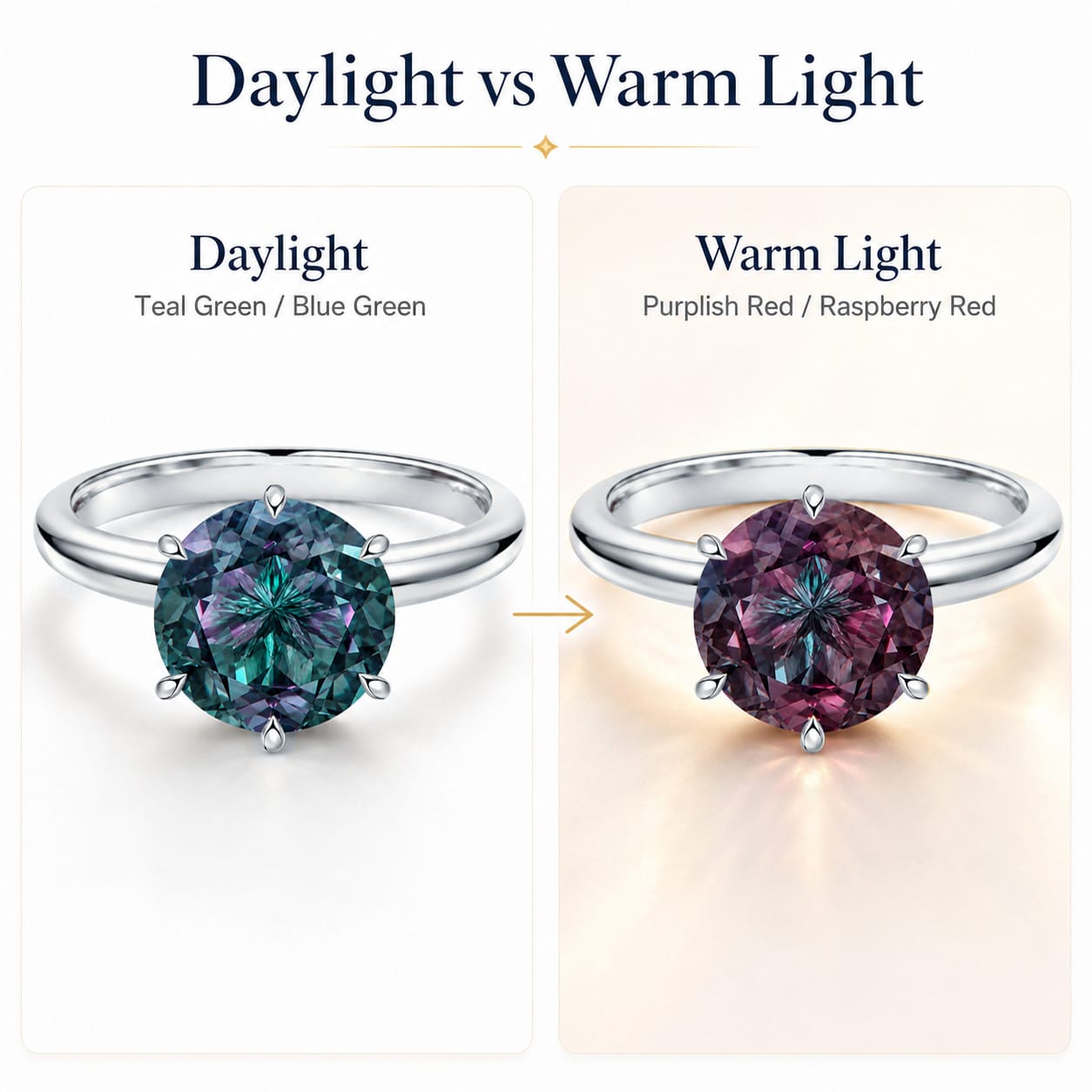 Sterling Silver 2.00 CT Round Lab-Created Color-Change Alexandrite Solitaire Ring in White Gold Plated, Six-Prong Setting (Includes GRC Certification from Gemstone Research Center)