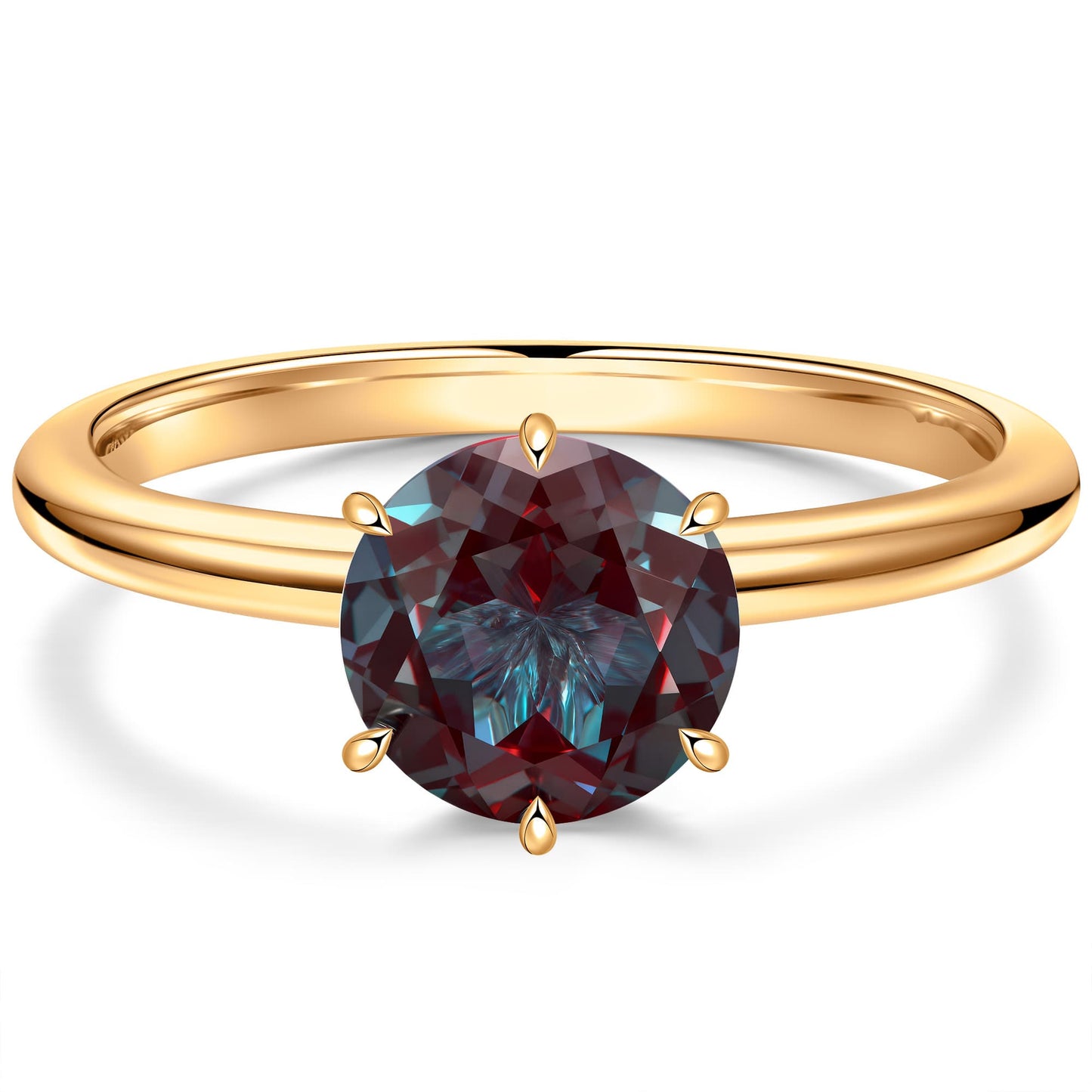 2ct Round Color Change Alexandrite Solitaire Ring With Six Prong Setting Tarnish-Resistant Silver In 14K Yellow Gold Plated (Includes GRC Certification from Gemstone Research Center)