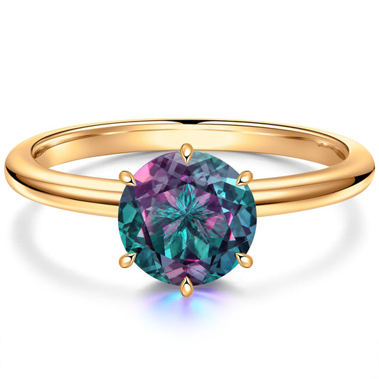 gona- 2ct Round Color Change Alexandrite Solitaire Ring With Six Prong Setting Tarnish-Resistant Silver In 14K Yellow Gold Plated (Includes GRC Certification from Gemstone Research Center)