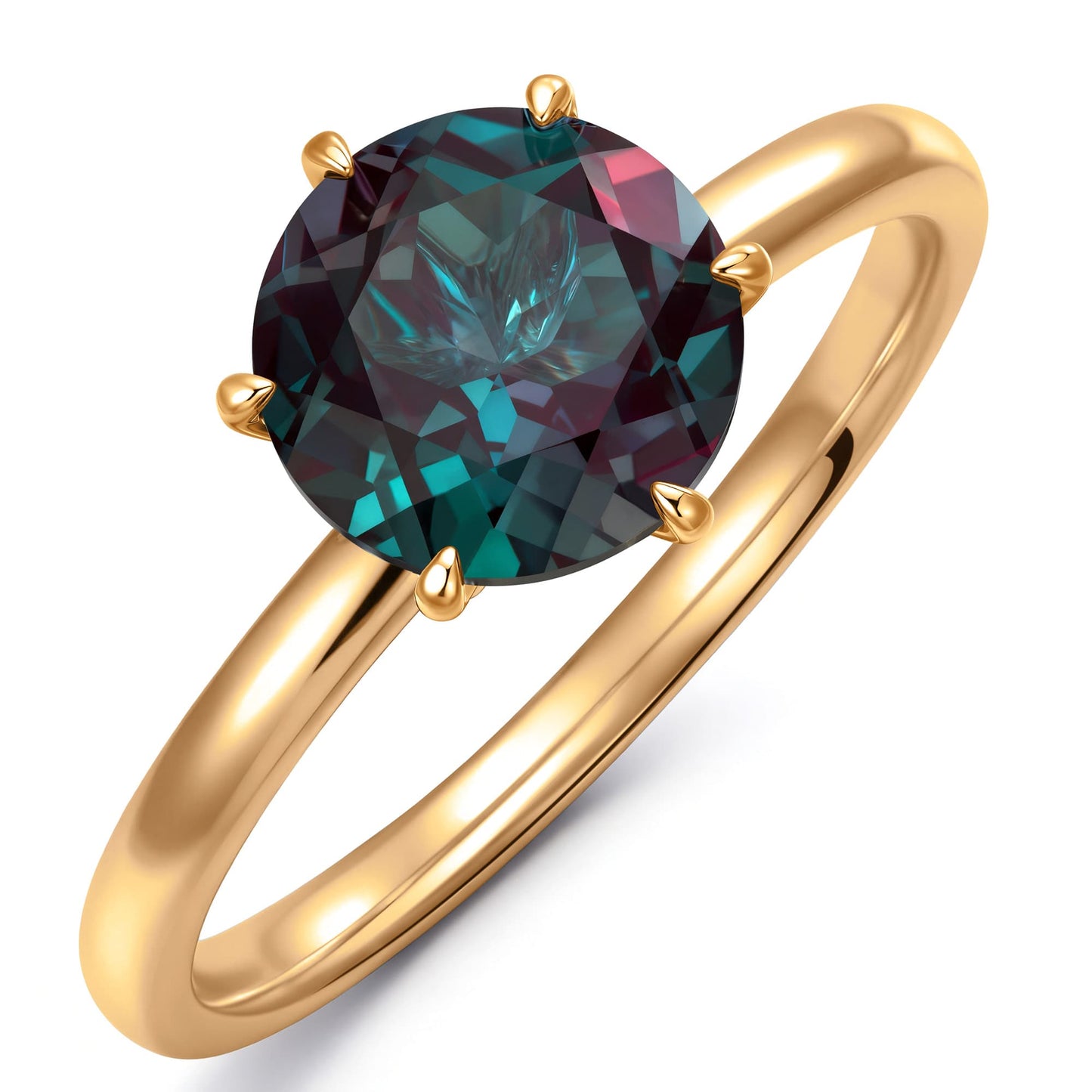 2ct Round Color Change Alexandrite Solitaire Ring With Six Prong Setting Tarnish-Resistant Silver In 14K Yellow Gold Plated (Includes GRC Certification from Gemstone Research Center)