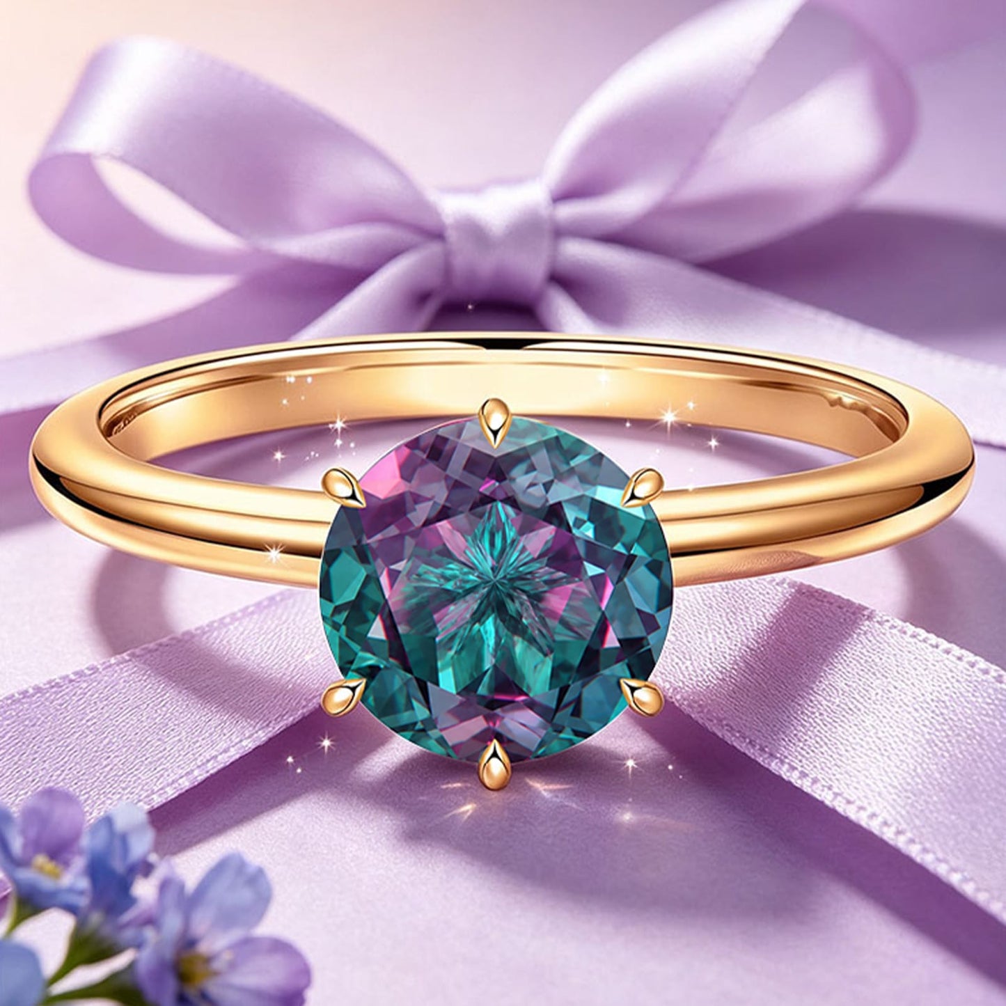 2.00 CT Round Lab-Created Color-Change Alexandrite Solitaire Ring in 14K Yellow Gold Plated Tarnish-Resistant Silver, Six-Prong Setting(Includes GRC Certification from Gemstone Research Center)