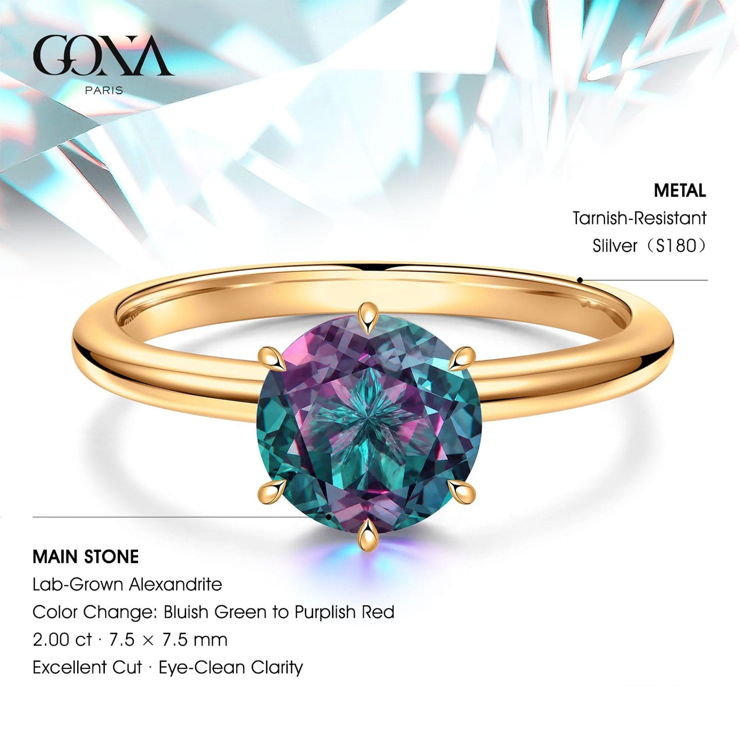 2.00 CT Round Lab-Created Color-Change Alexandrite Solitaire Ring in 14K Yellow Gold Plated Tarnish-Resistant Silver, Six-Prong Setting(Includes GRC Certification from Gemstone Research Center)