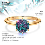 2.00 CT Round Lab-Created Color-Change Alexandrite Solitaire Ring in 14K Yellow Gold Plated Tarnish-Resistant Silver, Six-Prong Setting(Includes GRC Certification from Gemstone Research Center)