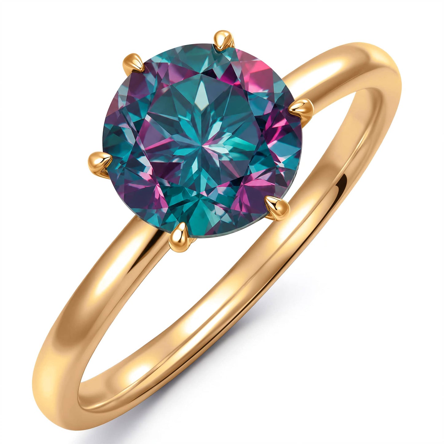 2.00 CT Round Lab-Created Color-Change Alexandrite Solitaire Ring in 14K Yellow Gold Plated Tarnish-Resistant Silver, Six-Prong Setting(Includes GRC Certification from Gemstone Research Center)