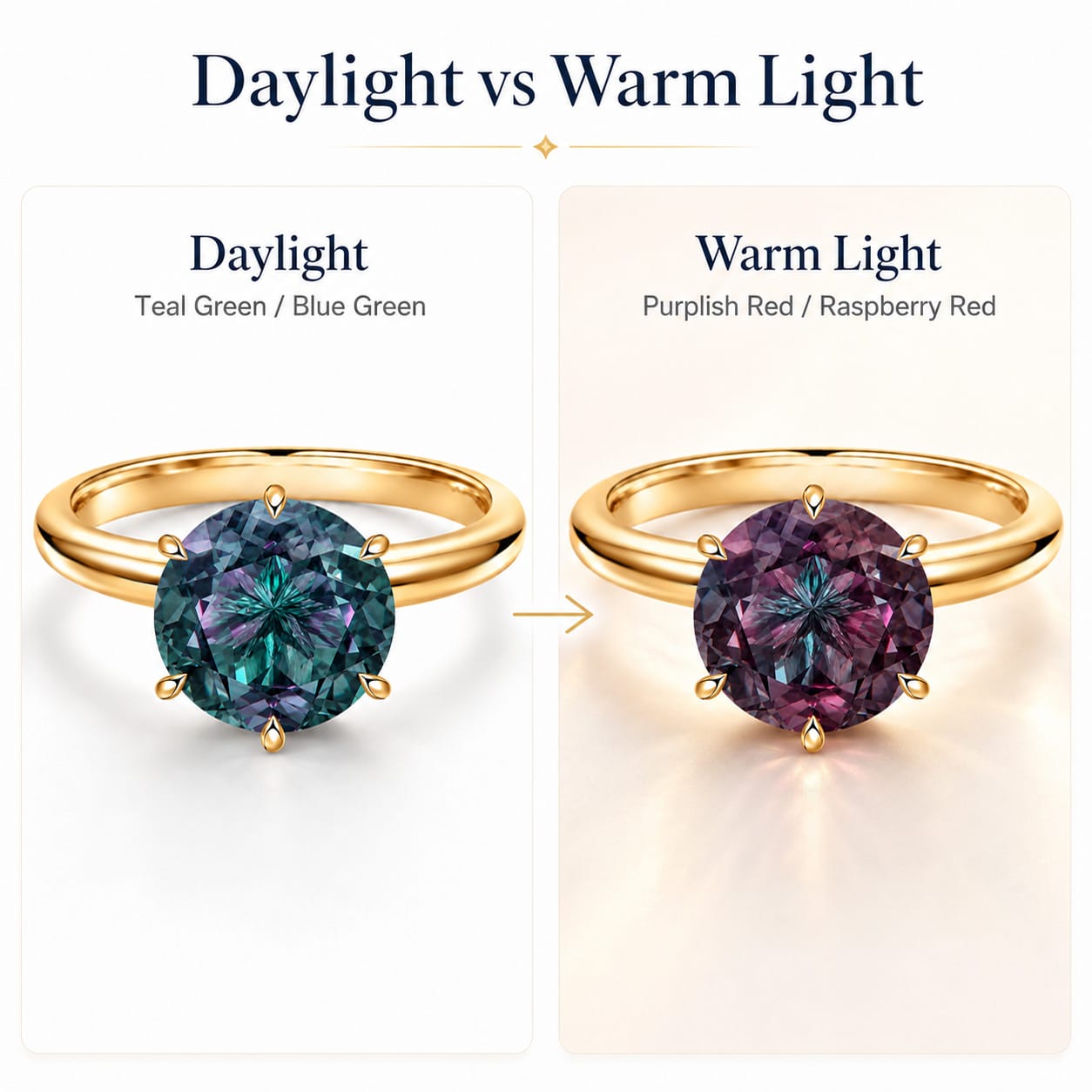 2.00 CT Round Lab-Created Color-Change Alexandrite Solitaire Ring in 14K Yellow Gold Plated Tarnish-Resistant Silver, Six-Prong Setting(Includes GRC Certification from Gemstone Research Center)