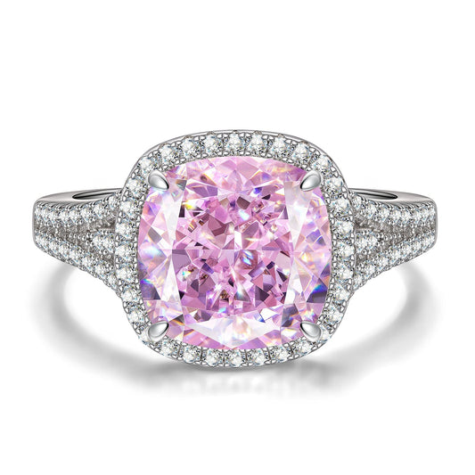 gona- Cushion IceScape Crystal Cut Fancy Vivid Pink Frostfire Zirconia - Halo Classic Engagement Ring White Gold Plated