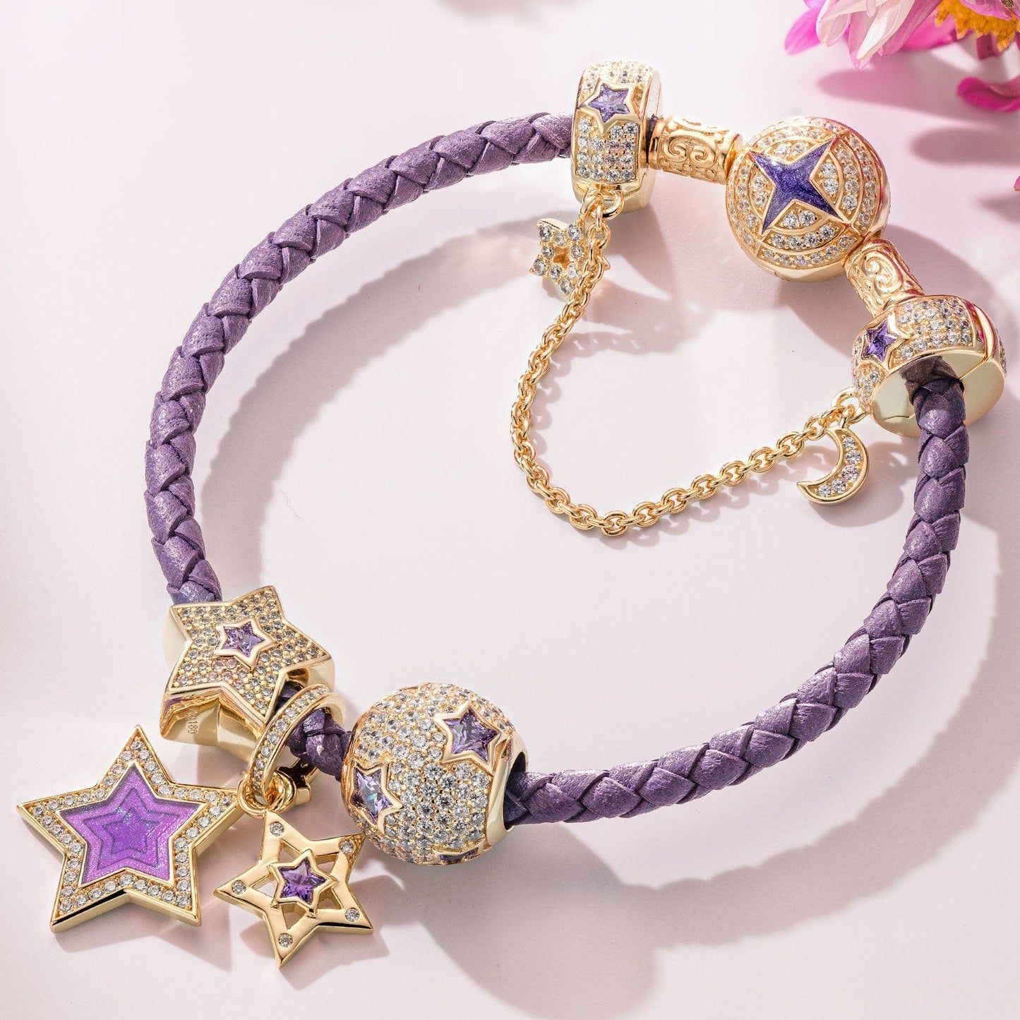 Purple Star Tarnish-resistant Silver Charms Bracelet Set With Enamel In 14K Gold Plated (Includes bracelet and all charms shown)