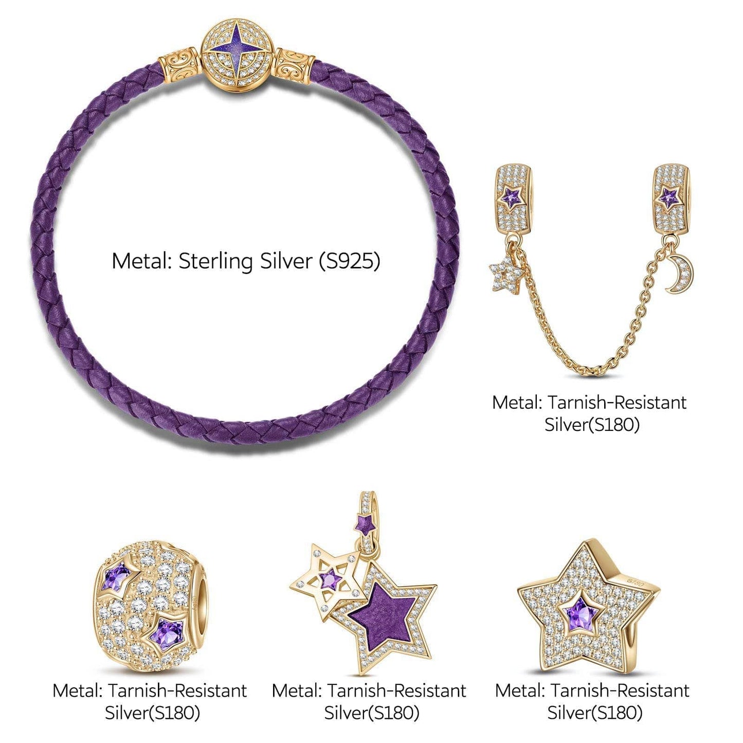 Purple Star Tarnish-resistant Silver Charms Bracelet Set With Enamel In 14K Gold Plated (Includes bracelet and all charms shown)