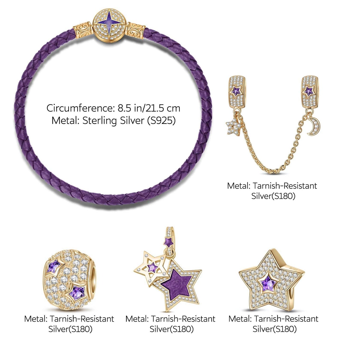 Purple Star Tarnish-resistant Silver Charms Bracelet Set With Enamel In 14K Gold Plated