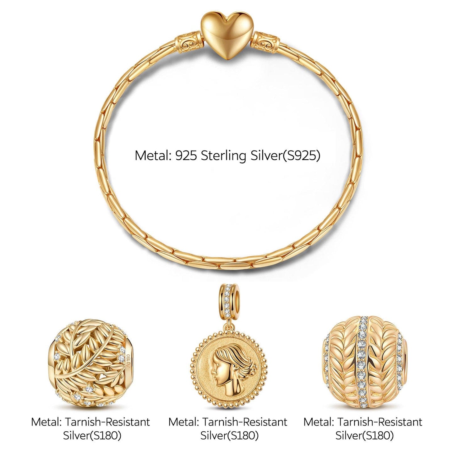 Sterling Silver Memories Of Versailles Charms Bracelet Set In 14K Gold Plated (Includes bracelet and all charms shown)