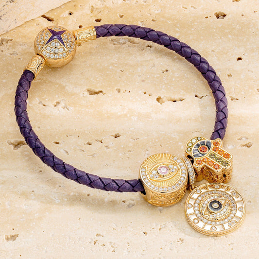gon- The Eye of David Tarnish-resistant Silver Leather Charms Bracelet Set With Enamel In 14K Gold Plated