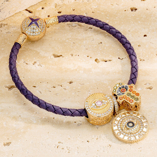 gona- The Eye of David Tarnish-resistant Silver Leather Charms Bracelet Set With Enamel In 14K Gold Plated (Includes bracelet and all charms shown)
