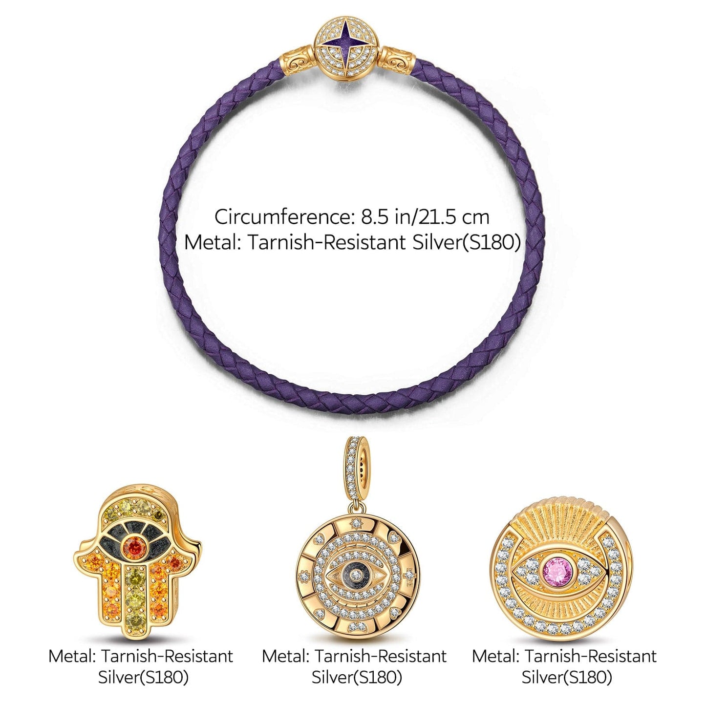 The Eye of David Tarnish-resistant Silver Leather Charms Bracelet Set With Enamel In 14K Gold Plated (Includes bracelet and all charms shown)