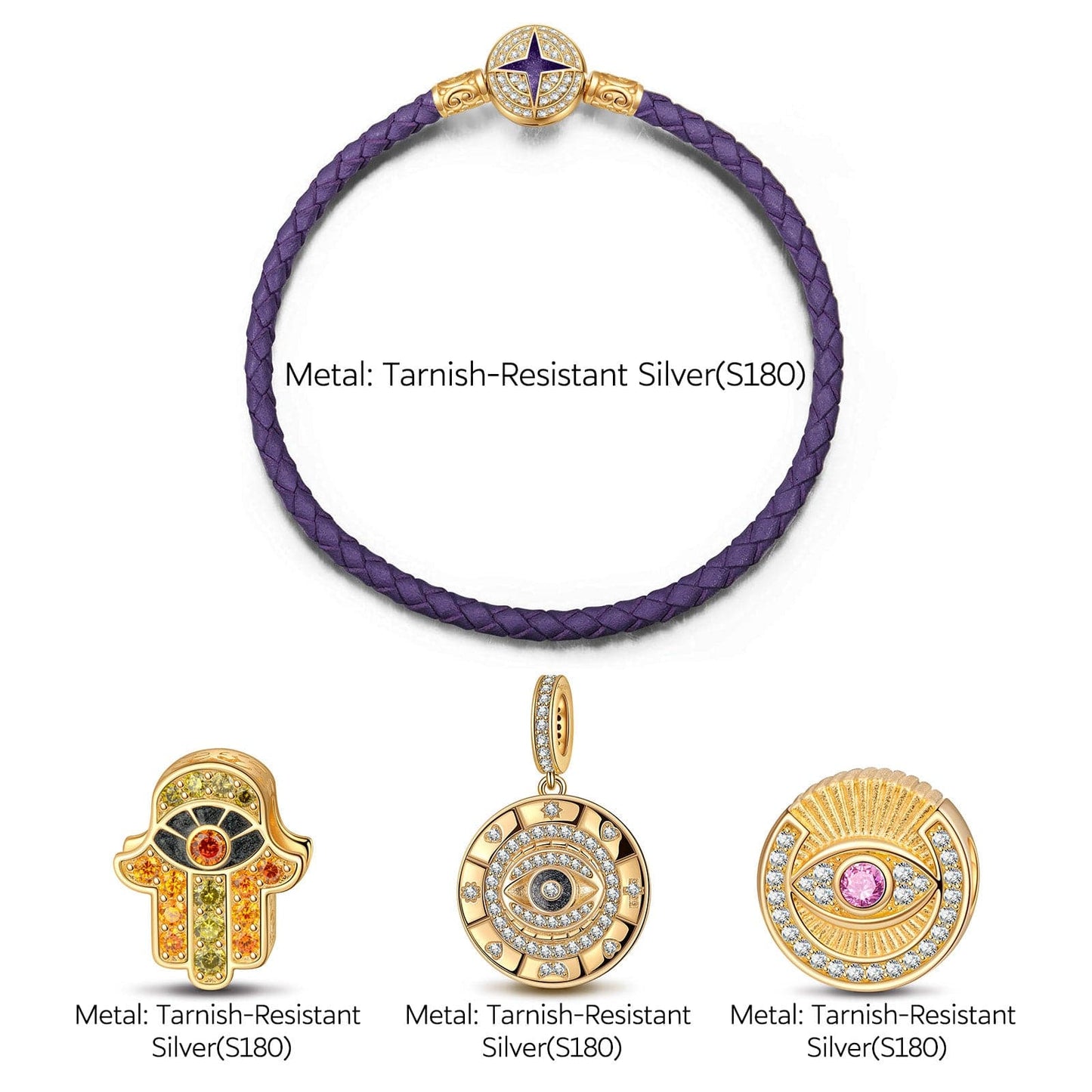 The Eye of David Tarnish-resistant Silver Leather Charms Bracelet Set With Enamel In 14K Gold Plated (Includes bracelet and all charms shown)