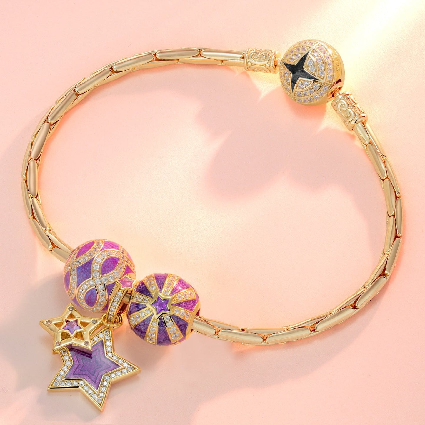 Sterling Silver Starry Night Charms Bracelet Set With Enamel In 14K Gold Plated