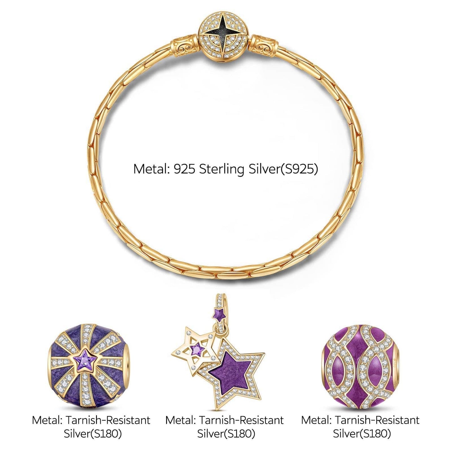Sterling Silver Starry Night Charms Bracelet Set With Enamel In 14K Gold Plated (Includes bracelet and all charms shown)