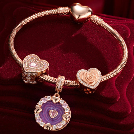 gon- Enchanted Rose Tarnish-resistant Silver Charms Bracelet Set With Enamel In Rose Gold Plated