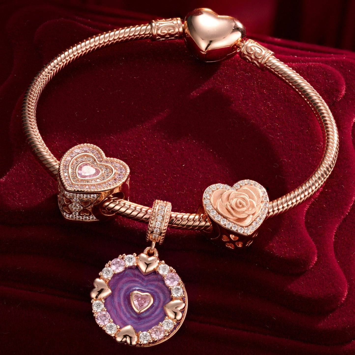 Enchanted Rose Tarnish-resistant Silver Charms Bracelet Set With Enamel In Rose Gold Plated (Includes bracelet and all charms shown)