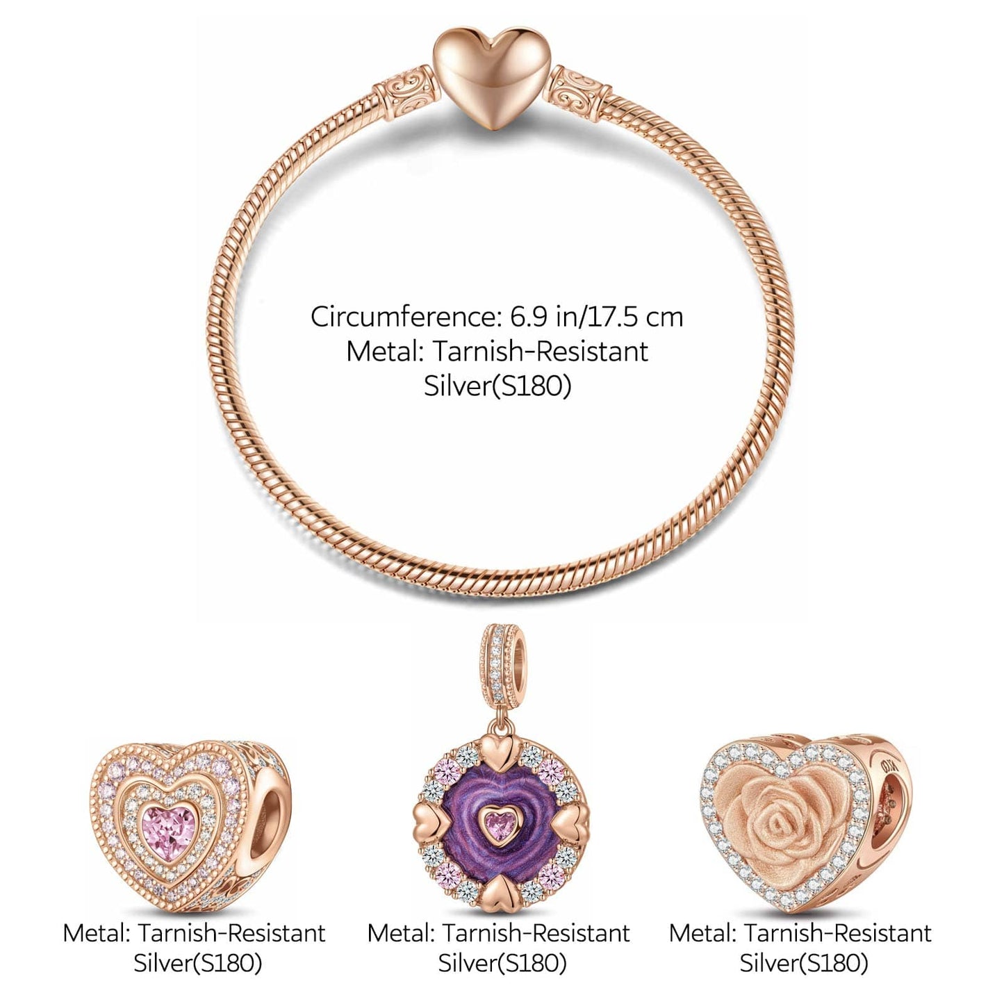 Enchanted Rose Tarnish-resistant Silver Charms Bracelet Set With Enamel In Rose Gold Plated