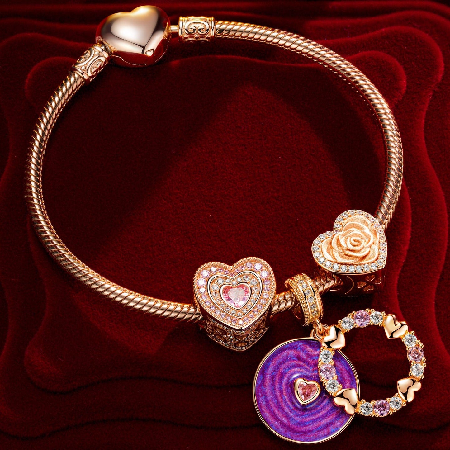 Enchanted Rose Tarnish-resistant Silver Charms Bracelet Set With Enamel In Rose Gold Plated (Includes bracelet and all charms shown)