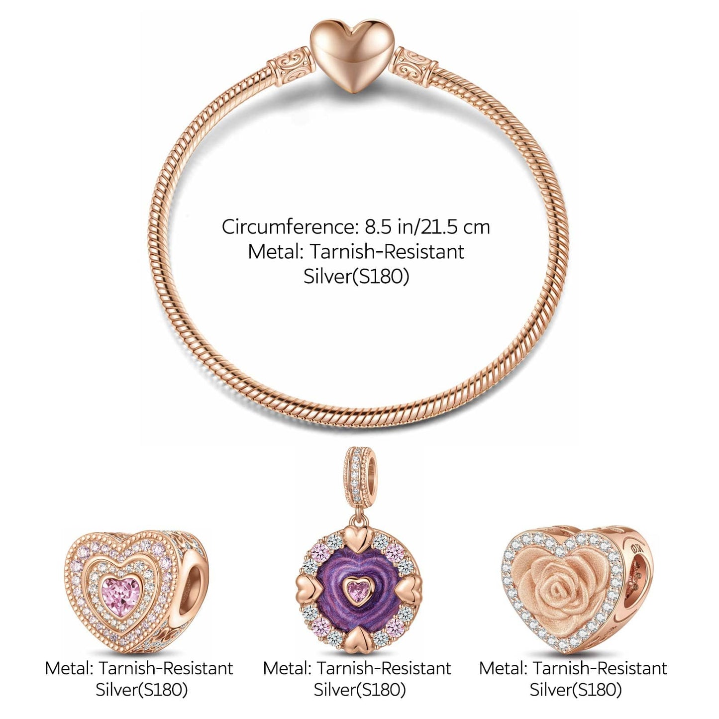 Enchanted Rose Tarnish-resistant Silver Charms Bracelet Set With Enamel In Rose Gold Plated (Includes bracelet and all charms shown)