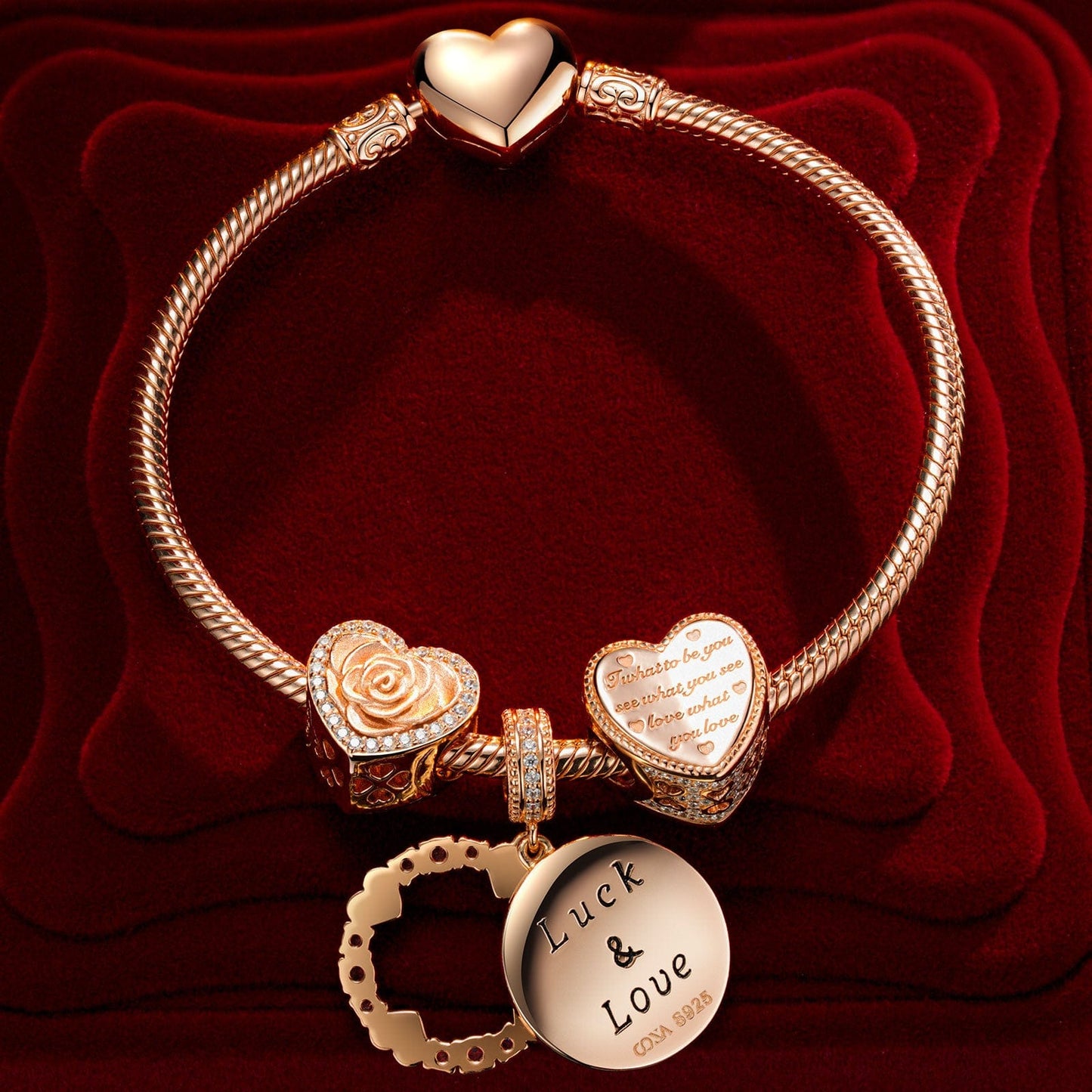 Enchanted Rose Tarnish-resistant Silver Charms Bracelet Set With Enamel In Rose Gold Plated (Includes bracelet and all charms shown)