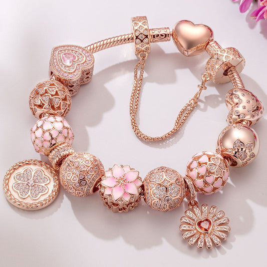 gona- A Bouquet of Love Tarnish-resistant Silver Charms Bracelet Set With Enamel In Rose Gold Plated (Includes bracelet and all charms shown)