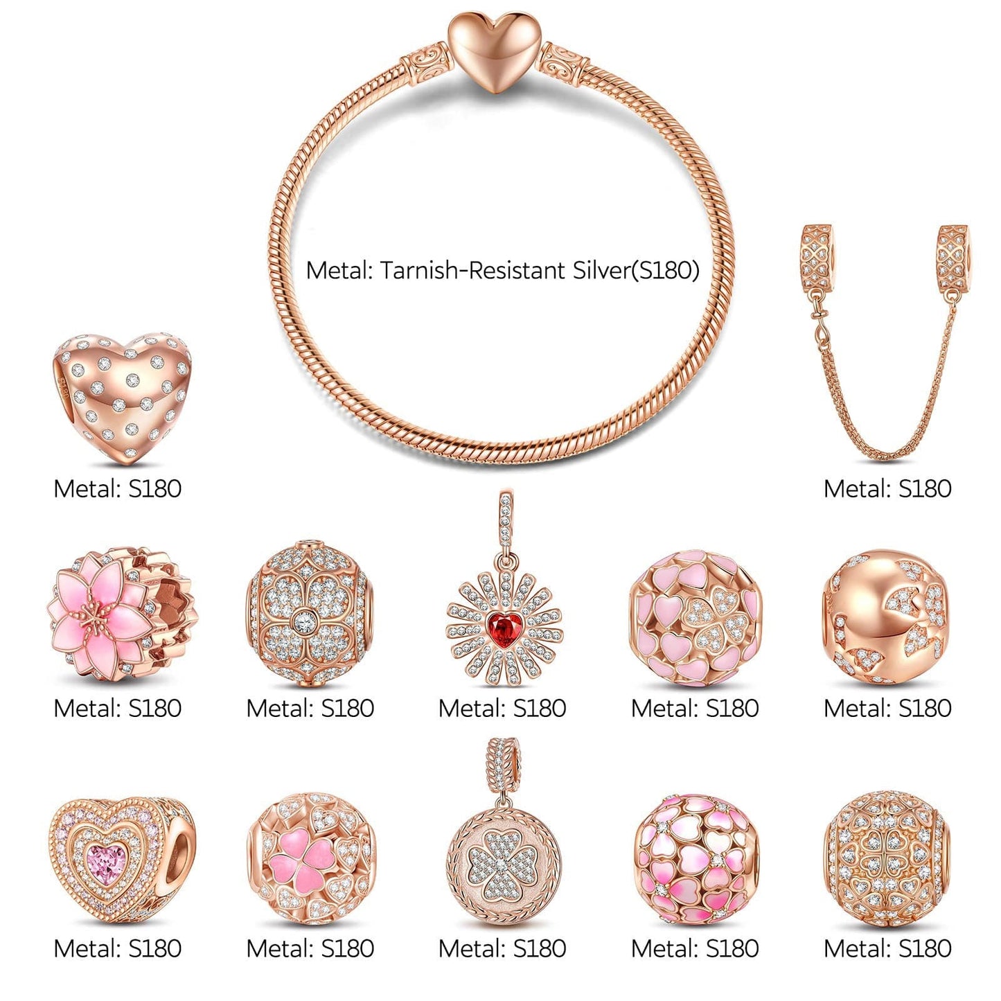 A Bouquet of Love Tarnish-resistant Silver Charms Bracelet Set With Enamel In Rose Gold Plated (Includes bracelet and all charms shown)