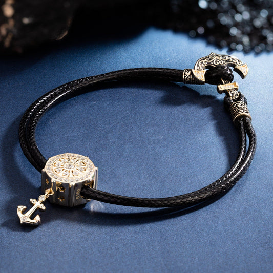 gon- Helmsman Tarnish-resistant Silver Leather Charms Bracelet Set In 14K Gold Plated