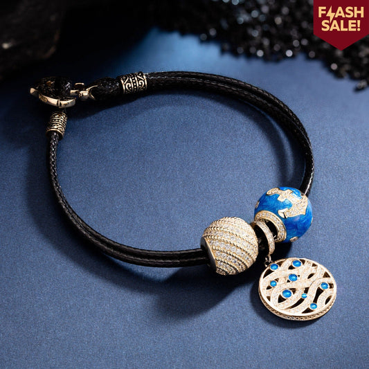 gona- Waves And Anchors Tarnish-resistant Silver Leather Charms Bracelet Set With Enamel In 14K Gold Plated (Includes bracelet and all charms shown)