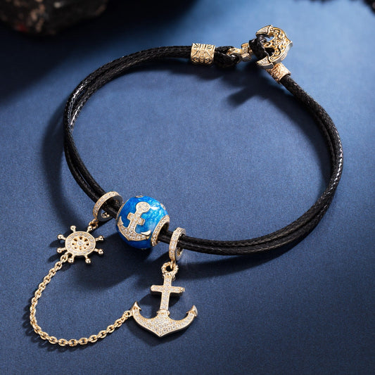 gon- Boat Anchor Tarnish-resistant Silver Leather Charms Bracelet Set With Enamel In 14K Gold Plated