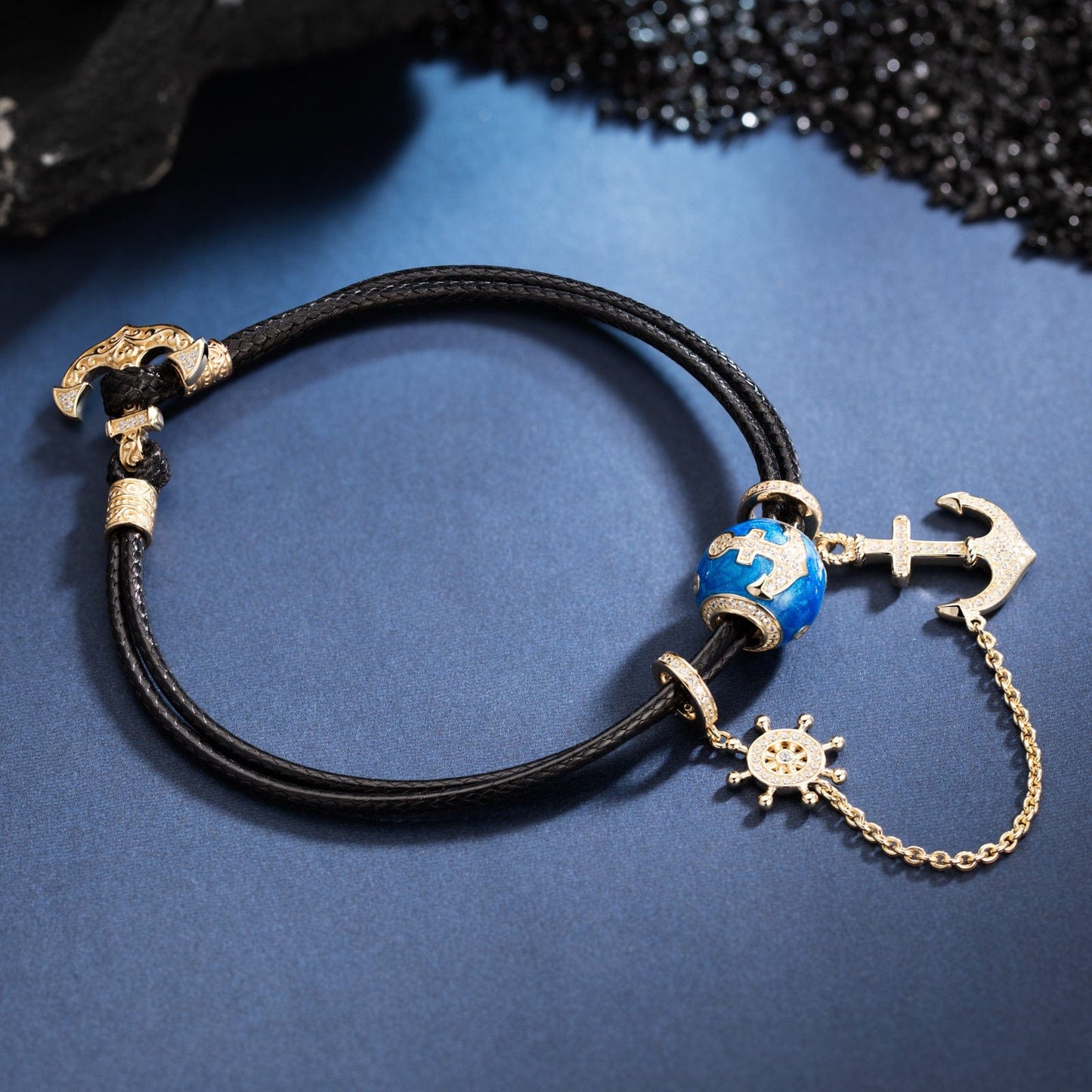 Boat Anchor Tarnish-resistant Silver Leather Charms Bracelet Set With Enamel In 14K Gold Plated (Includes bracelet and all charms shown)