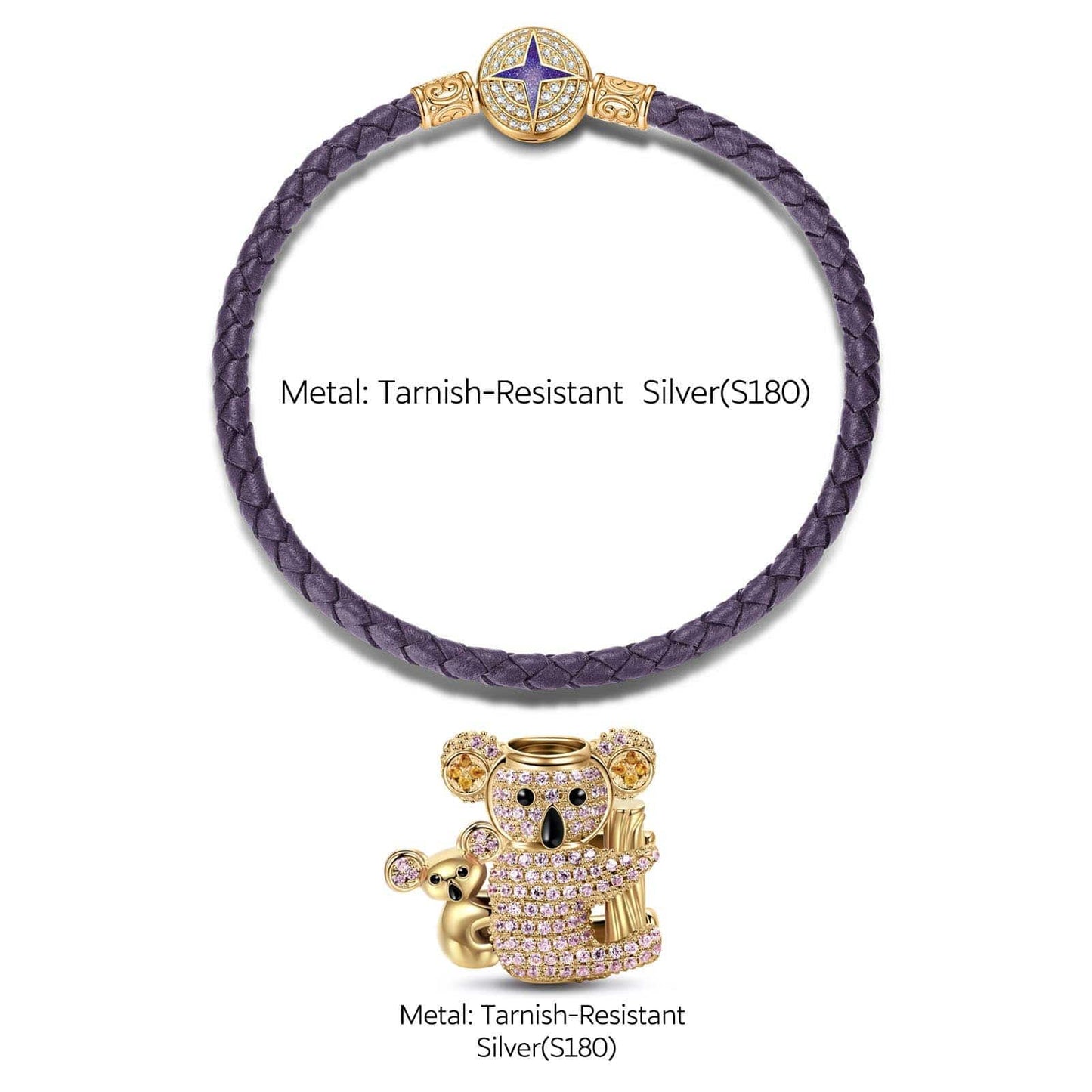 Cute Koala Tarnish-resistant Silver Charms Bracelet Set With Enamel In 14K Gold Plated (Includes bracelet and all charms shown)