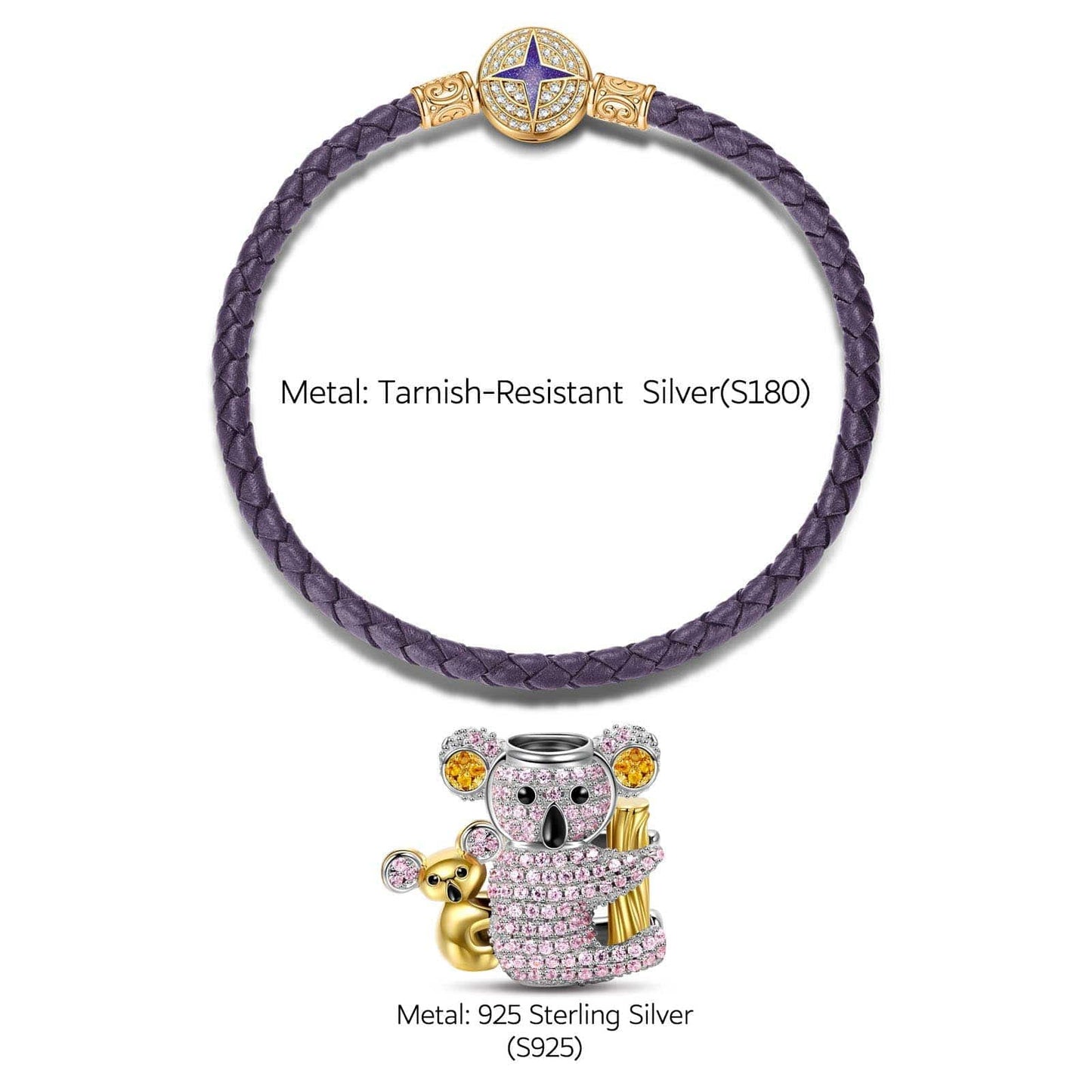 Tarnish-resistant Silver Charms Bracelet Set With Sterling Silver Cute Koala With Enamel In White Gold Plated (Includes bracelet and all charms shown)